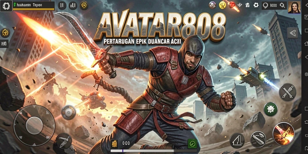 Screenshot utama AVATAR808 yang menunjukkan aksi intens di medan perang.