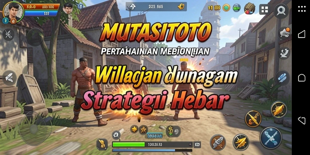 Screenshot gameplay MUTASITOTO dengan menara bertahan melawan gelombang musuh.