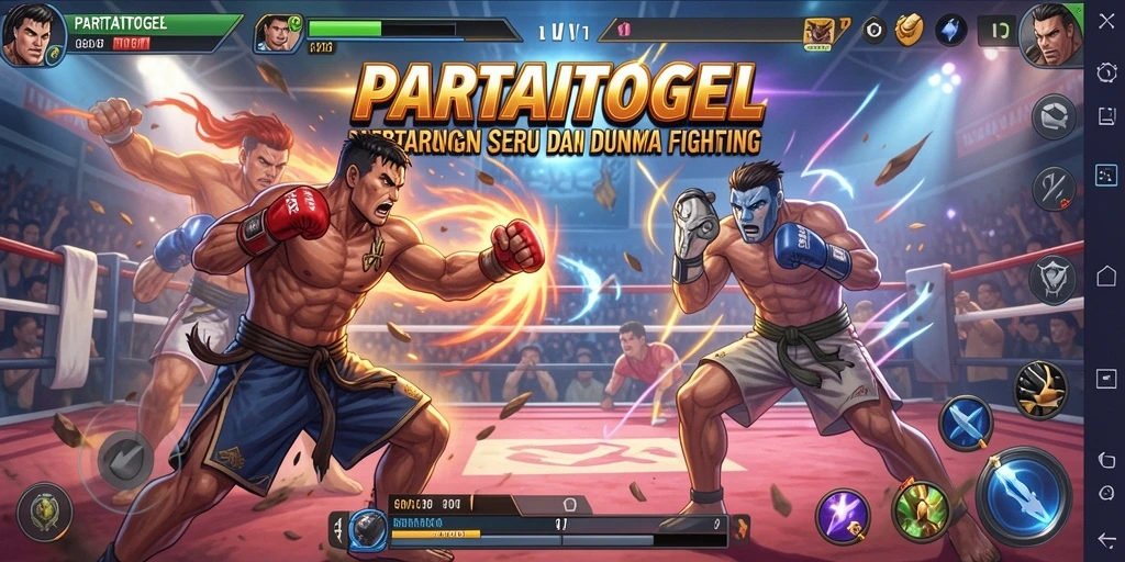 Screenshot menunjukkan karakter bertarung dengan gerakan dinamis dan efek visual menarik.