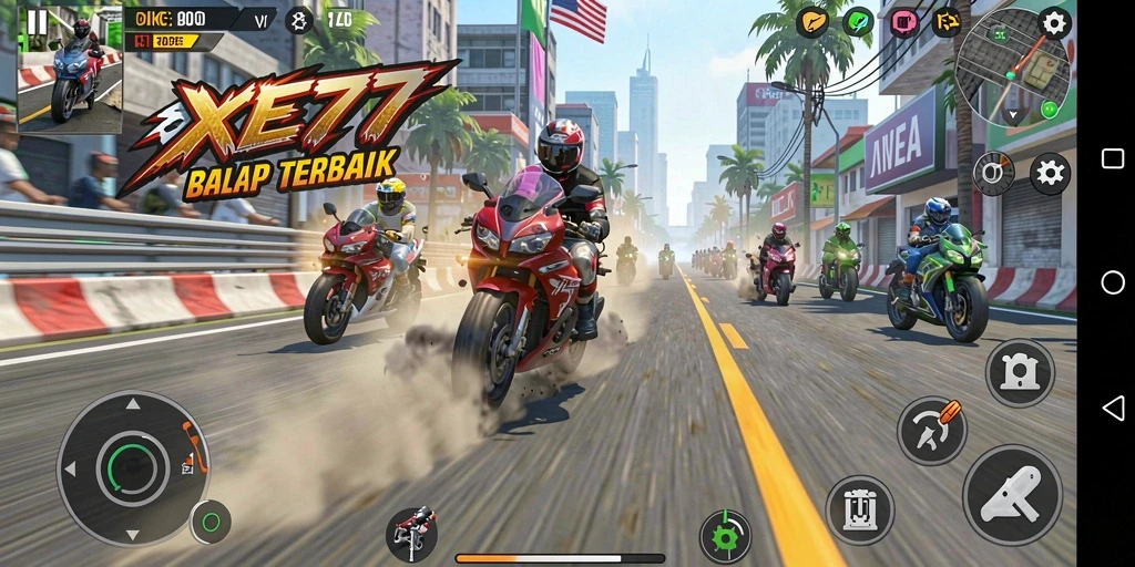 Tampilan gameplay XE77 yang mendebarkan dalam balapan motor.